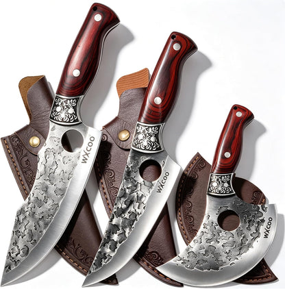 4PCS Hand Forged Kitchen Knife Set with Sheaths, High Carbon Steel Viking Butcher Knife Set, Serbian Chef Cleaver, Heavy Duty Boning Knife & Slicing Knife for Outdoor BBQ, Camping, Hunting