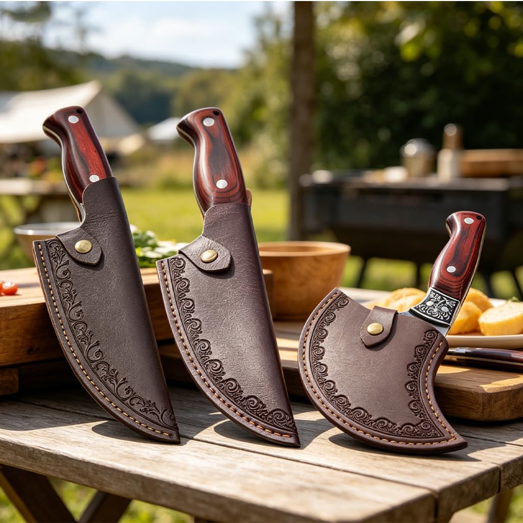 4PCS Hand Forged Kitchen Knife Set with Sheaths, High Carbon Steel Viking Butcher Knife Set, Serbian Chef Cleaver, Heavy Duty Boning Knife & Slicing Knife for Outdoor BBQ, Camping, Hunting