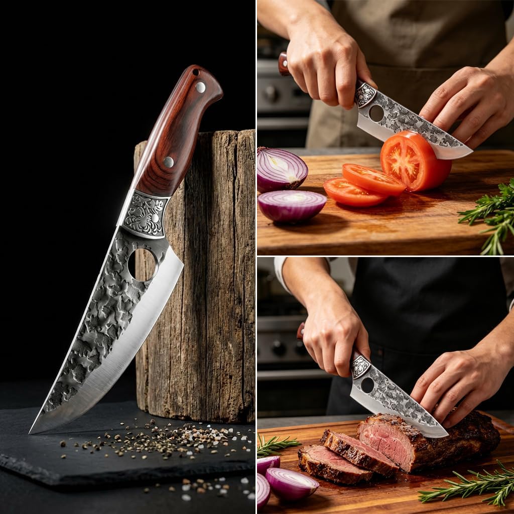 4PCS Hand Forged Kitchen Knife Set with Sheaths, High Carbon Steel Viking Butcher Knife Set, Serbian Chef Cleaver, Heavy Duty Boning Knife & Slicing Knife for Outdoor BBQ, Camping, Hunting