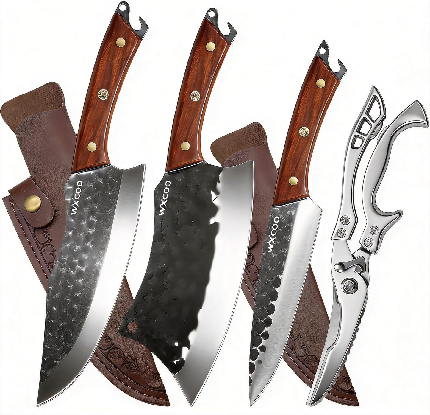 4PCS Hand Forged Kitchen Knife Set with Sheaths, High Carbon Steel Viking Butcher Knife Set, Serbian Chef Cleaver, Heavy Duty Boning Knife & Slicing Knife for Outdoor BBQ, Camping, Hunting