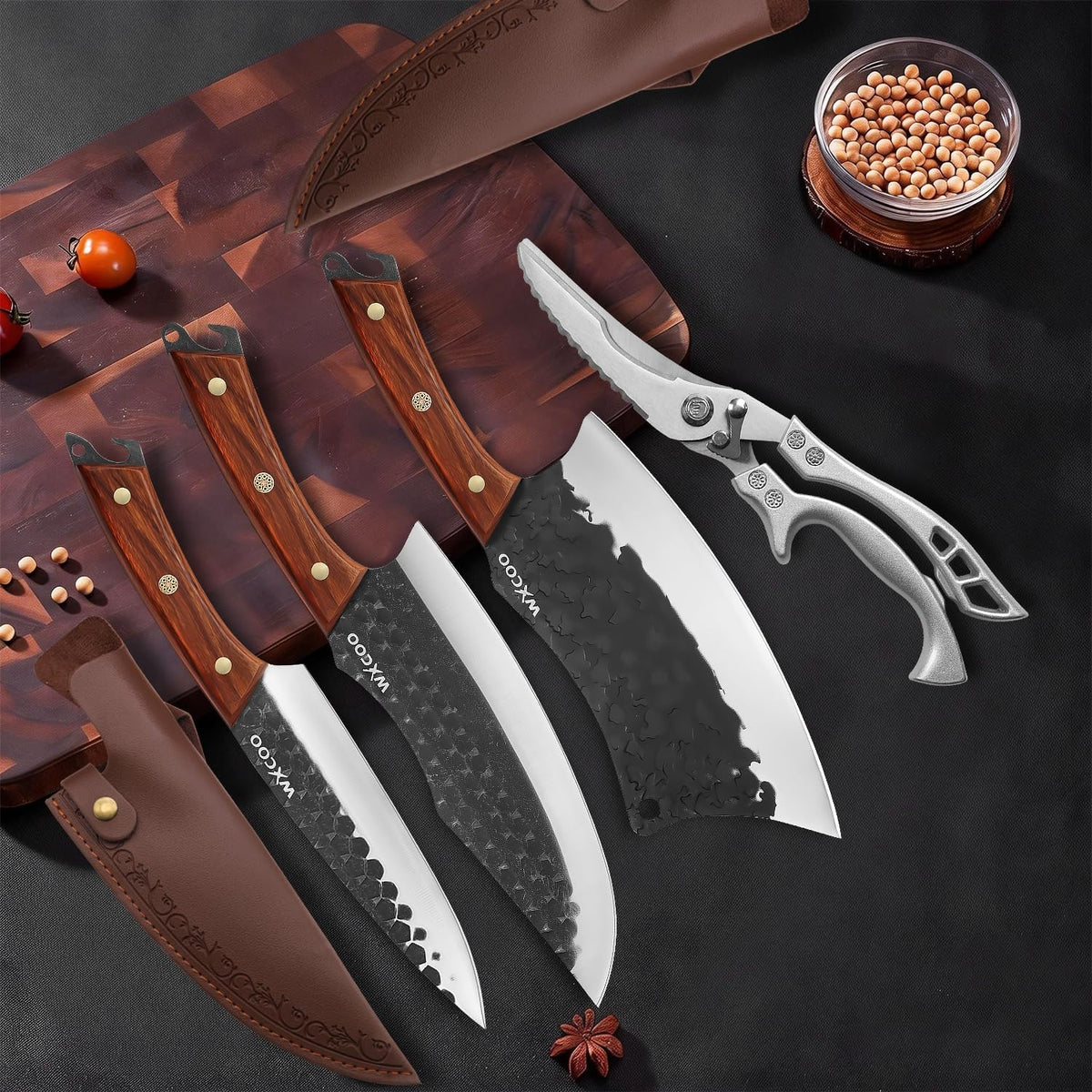 4PCS Hand Forged Kitchen Knife Set with Sheaths, High Carbon Steel Viking Butcher Knife Set, Serbian Chef Cleaver, Heavy Duty Boning Knife & Slicing Knife for Outdoor BBQ, Camping, Hunting