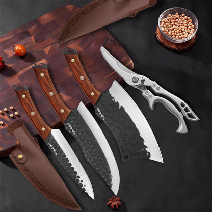 4PCS Hand Forged Kitchen Knife Set with Sheaths, High Carbon Steel Viking Butcher Knife Set, Serbian Chef Cleaver, Heavy Duty Boning Knife & Slicing Knife for Outdoor BBQ, Camping, Hunting
