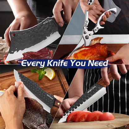 4PCS Hand Forged Kitchen Knife Set with Sheaths, High Carbon Steel Viking Butcher Knife Set, Serbian Chef Cleaver, Heavy Duty Boning Knife & Slicing Knife for Outdoor BBQ, Camping, Hunting