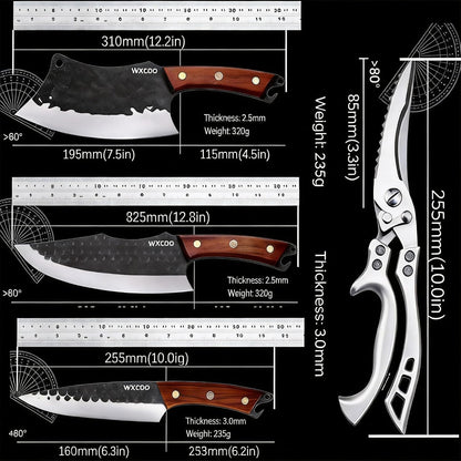 4PCS Hand Forged Kitchen Knife Set with Sheaths, High Carbon Steel Viking Butcher Knife Set, Serbian Chef Cleaver, Heavy Duty Boning Knife & Slicing Knife for Outdoor BBQ, Camping, Hunting