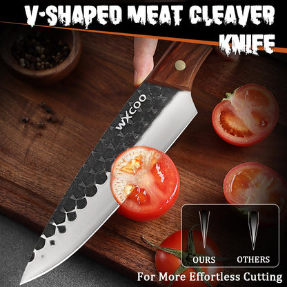 4PCS Hand Forged Kitchen Knife Set with Sheaths, High Carbon Steel Viking Butcher Knife Set, Serbian Chef Cleaver, Heavy Duty Boning Knife & Slicing Knife for Outdoor BBQ, Camping, Hunting