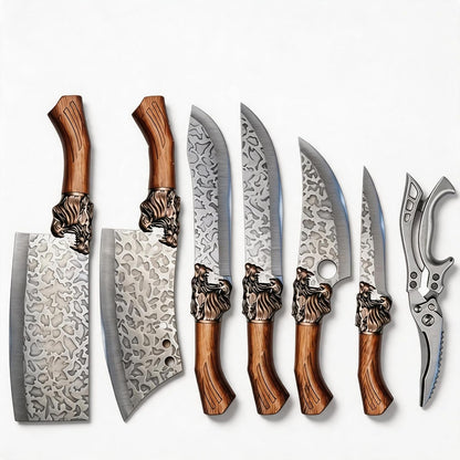 4PCS Hand Forged Kitchen Knife Set with Sheaths, High Carbon Steel Viking Butcher Knife Set, Serbian Chef Cleaver, Heavy Duty Boning Knife & Slicing Knife for Outdoor BBQ, Camping, Hunting