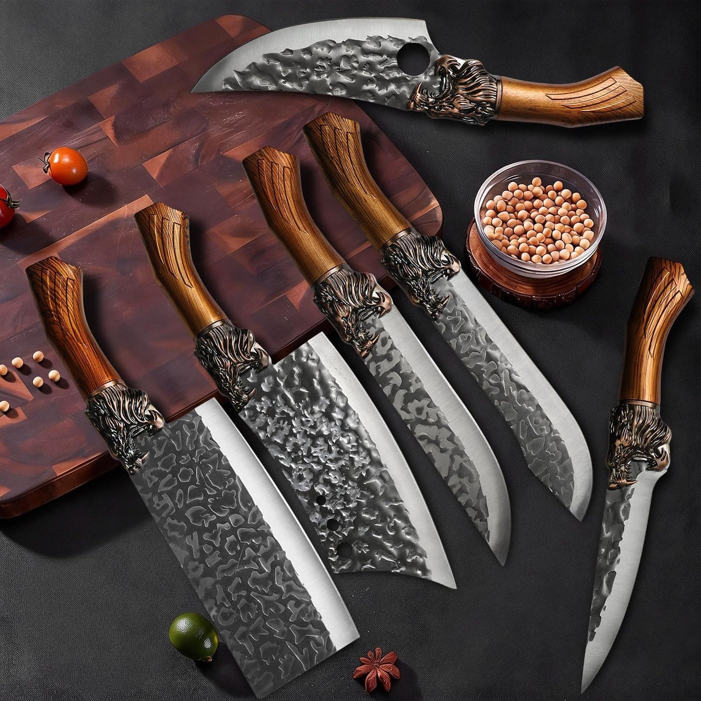 4PCS Hand Forged Kitchen Knife Set with Sheaths, High Carbon Steel Viking Butcher Knife Set, Serbian Chef Cleaver, Heavy Duty Boning Knife & Slicing Knife for Outdoor BBQ, Camping, Hunting