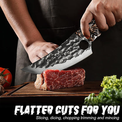 4PCS Hand Forged Kitchen Knife Set with Sheaths, High Carbon Steel Viking Butcher Knife Set, Serbian Chef Cleaver, Heavy Duty Boning Knife & Slicing Knife for Outdoor BBQ, Camping, Hunting