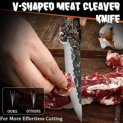4PCS Hand Forged Kitchen Knife Set with Sheaths, High Carbon Steel Viking Butcher Knife Set, Serbian Chef Cleaver, Heavy Duty Boning Knife & Slicing Knife for Outdoor BBQ, Camping, Hunting