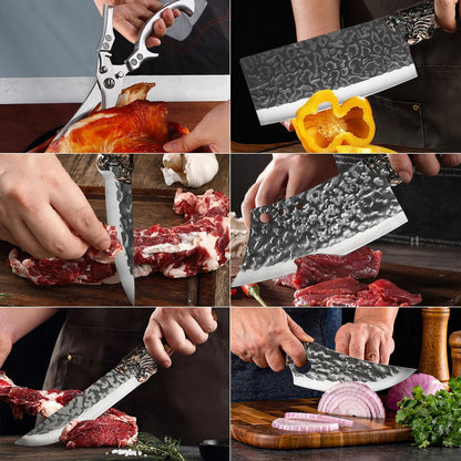 4PCS Hand Forged Kitchen Knife Set with Sheaths, High Carbon Steel Viking Butcher Knife Set, Serbian Chef Cleaver, Heavy Duty Boning Knife & Slicing Knife for Outdoor BBQ, Camping, Hunting