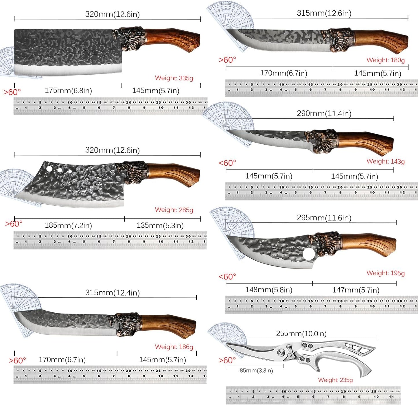 4PCS Hand Forged Kitchen Knife Set with Sheaths, High Carbon Steel Viking Butcher Knife Set, Serbian Chef Cleaver, Heavy Duty Boning Knife & Slicing Knife for Outdoor BBQ, Camping, Hunting