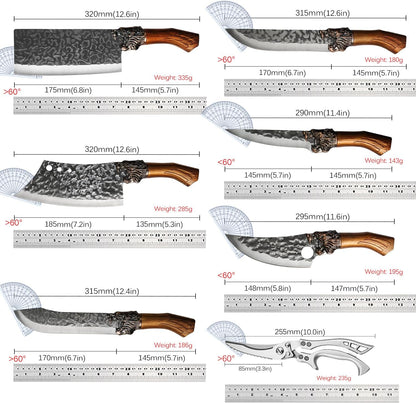 4PCS Hand Forged Kitchen Knife Set with Sheaths, High Carbon Steel Viking Butcher Knife Set, Serbian Chef Cleaver, Heavy Duty Boning Knife & Slicing Knife for Outdoor BBQ, Camping, Hunting