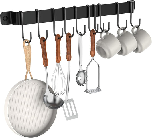 Wall Mount Kitchen Pot Pan Utensil Hanging Rail Rack with 10 S Hooks | 1-Pack Space-saving wall utensil holder organizer for hanging cookware and kitchen gadgets