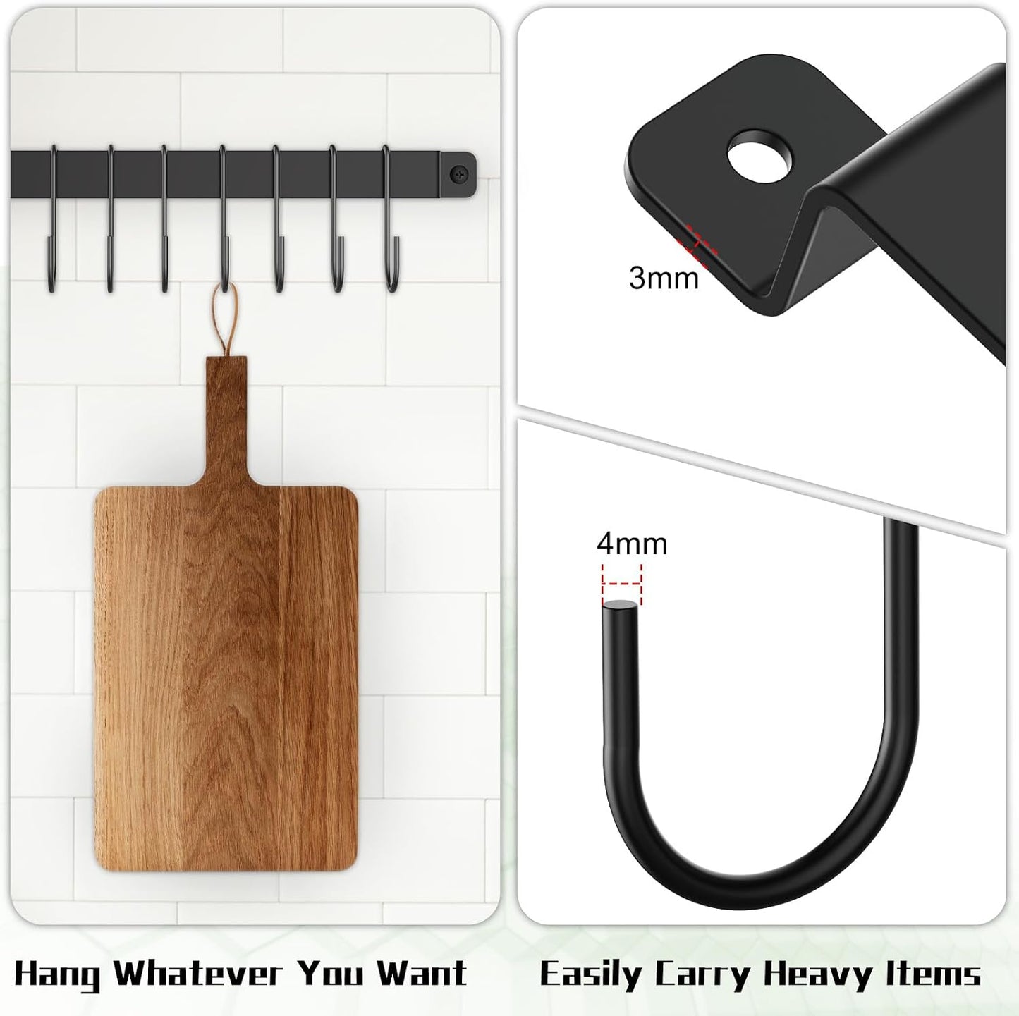 Wall Mount Kitchen Pot Pan Utensil Hanging Rail Rack with 10 S Hooks | 1-Pack Space-saving wall utensil holder organizer for hanging cookware and kitchen gadgets
