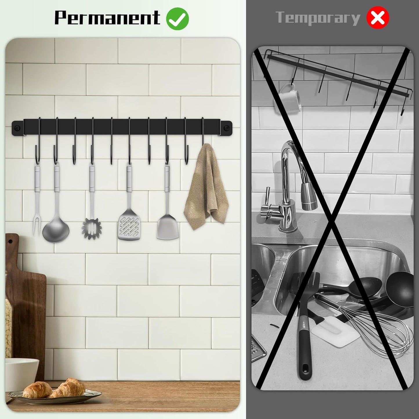 Wall Mount Kitchen Pot Pan Utensil Hanging Rail Rack with 10 S Hooks | 1-Pack Space-saving wall utensil holder organizer for hanging cookware and kitchen gadgets