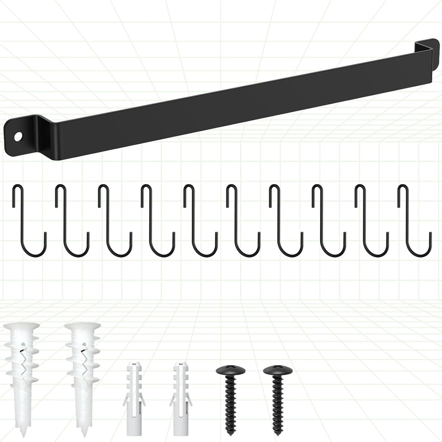 Wall Mount Kitchen Pot Pan Utensil Hanging Rail Rack with 10 S Hooks | 1-Pack Space-saving wall utensil holder organizer for hanging cookware and kitchen gadgets