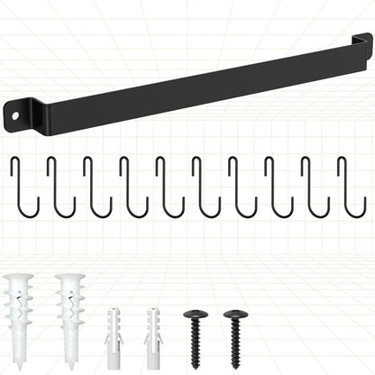 Wall Mount Kitchen Pot Pan Utensil Hanging Rail Rack with 10 S Hooks | 1-Pack Space-saving wall utensil holder organizer for hanging cookware and kitchen gadgets