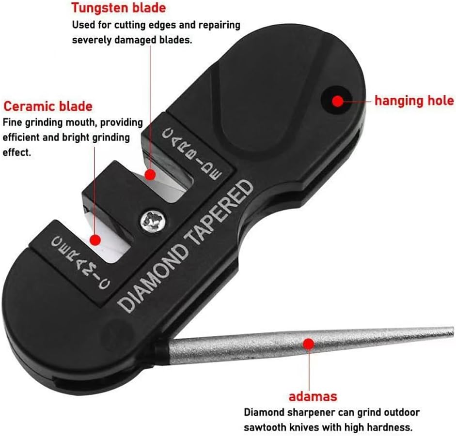 Pocket Knife Sharpener & Survival Tool,Preset Carbide and Ceramic Stone Sharpeners Fold-Out Diamond Coated Rod Outdoor Hunting Knife & Hook Sharpener, Handheld, Compact, Lightweight, Multiuse