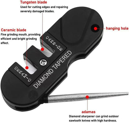 Pocket Knife Sharpener & Survival Tool,Preset Carbide and Ceramic Stone Sharpeners Fold-Out Diamond Coated Rod Outdoor Hunting Knife & Hook Sharpener, Handheld, Compact, Lightweight, Multiuse