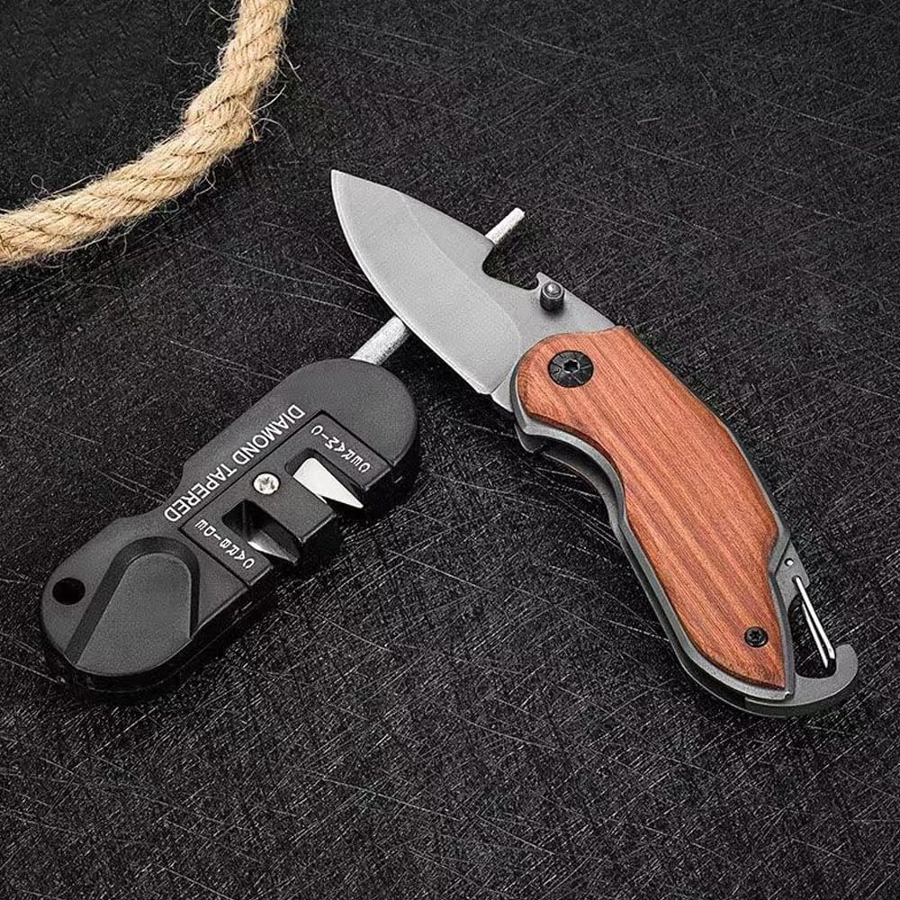 Pocket Knife Sharpener & Survival Tool,Preset Carbide and Ceramic Stone Sharpeners Fold-Out Diamond Coated Rod Outdoor Hunting Knife & Hook Sharpener, Handheld, Compact, Lightweight, Multiuse