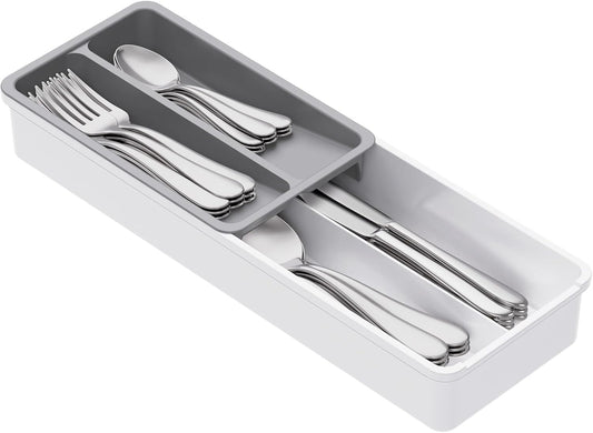 Compact Silverware Organizer for Kitchen Drawer, Narrow Flatware Tray Holder, Plastic Cutlery Spoons, Forks and Knives Storage, White&Gray, 1 Pack