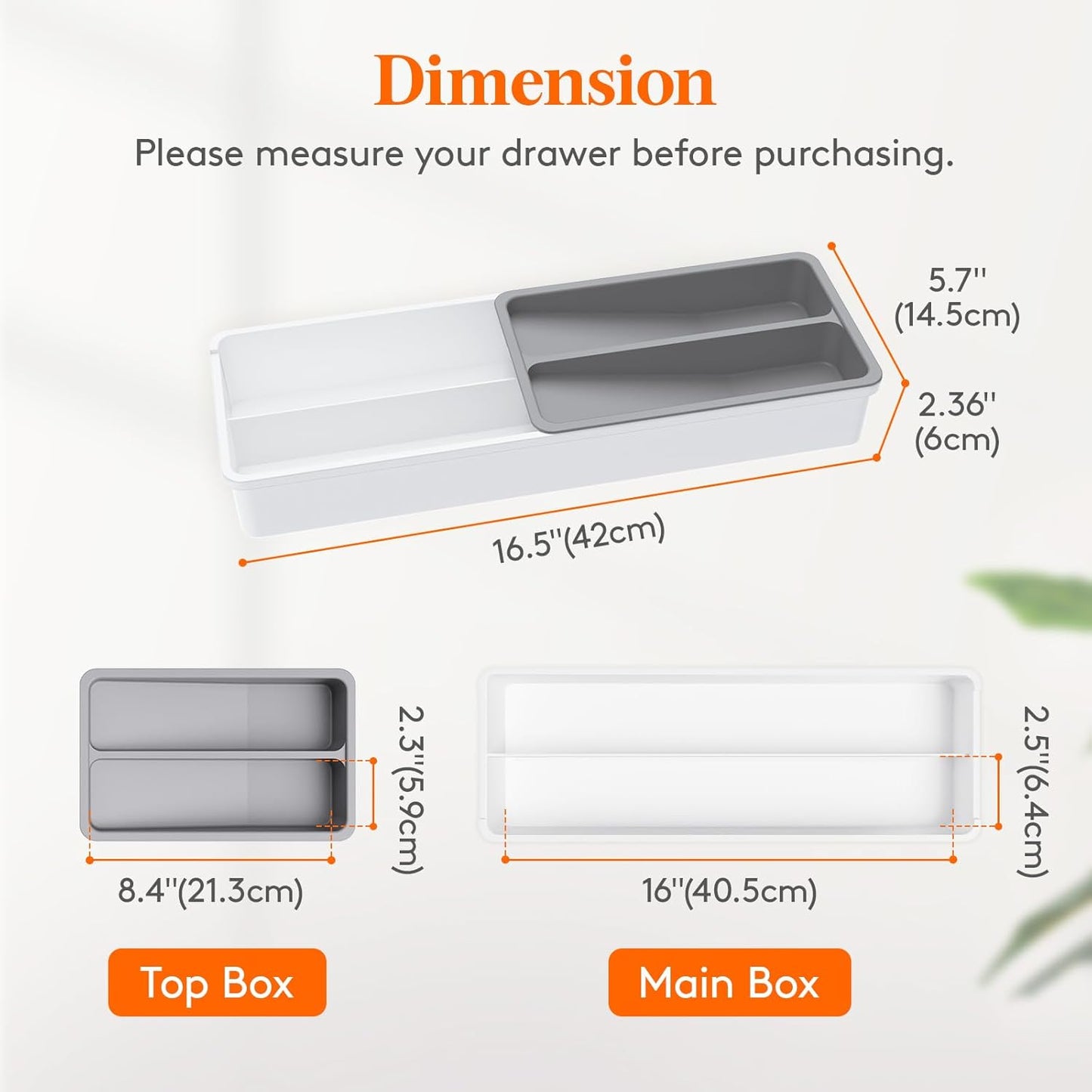 Compact Silverware Organizer for Kitchen Drawer, Narrow Flatware Tray Holder, Plastic Cutlery Spoons, Forks and Knives Storage, White&Gray, 1 Pack