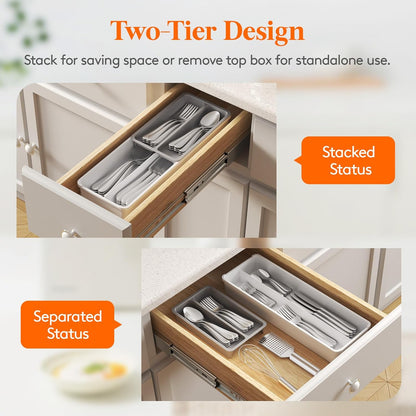Compact Silverware Organizer for Kitchen Drawer, Narrow Flatware Tray Holder, Plastic Cutlery Spoons, Forks and Knives Storage, White&Gray, 1 Pack