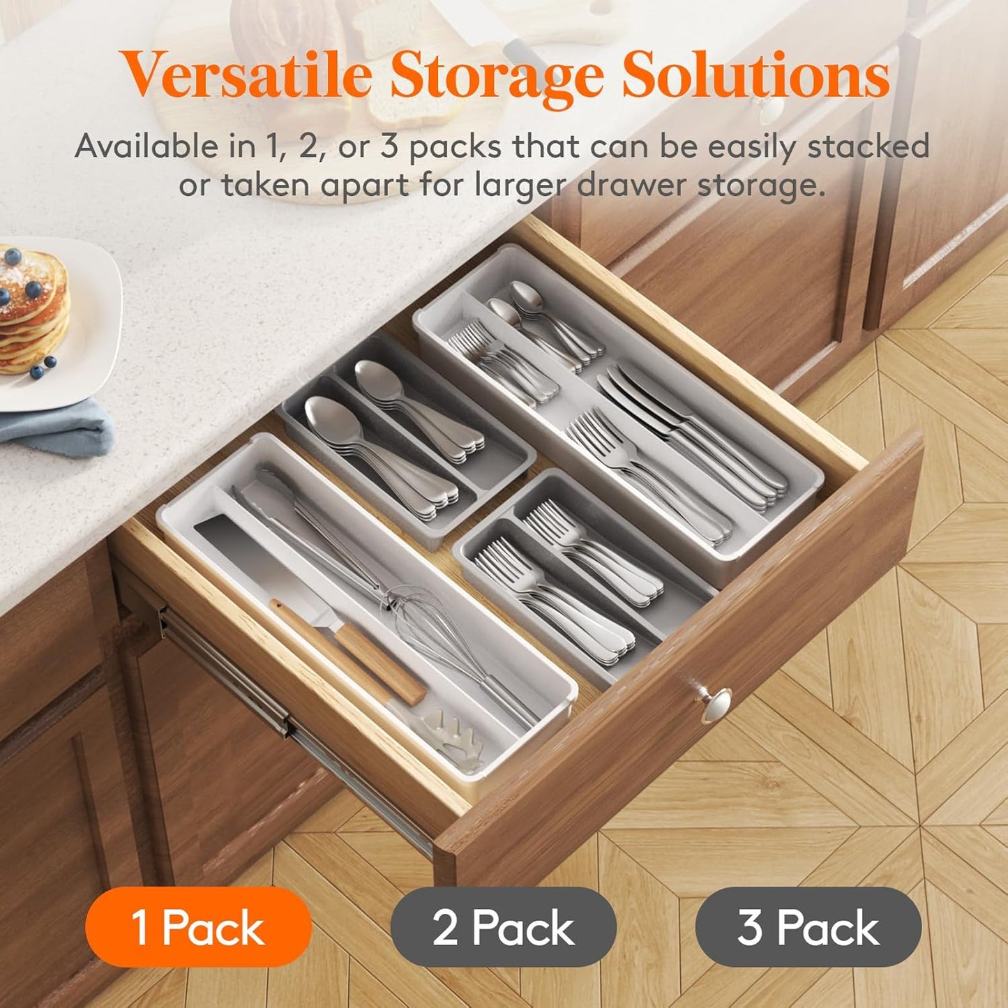 Compact Silverware Organizer for Kitchen Drawer, Narrow Flatware Tray Holder, Plastic Cutlery Spoons, Forks and Knives Storage, White&Gray, 1 Pack