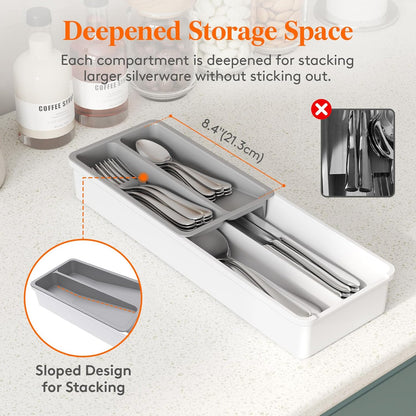 Compact Silverware Organizer for Kitchen Drawer, Narrow Flatware Tray Holder, Plastic Cutlery Spoons, Forks and Knives Storage, White&Gray, 1 Pack