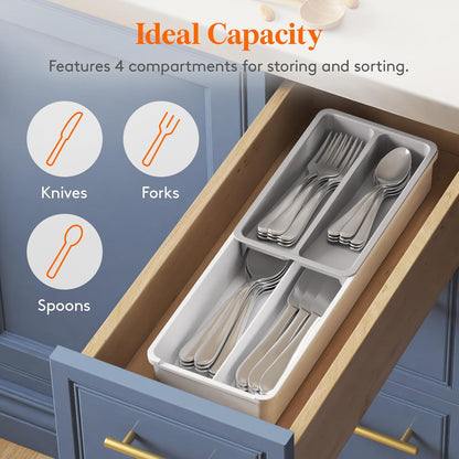 Compact Silverware Organizer for Kitchen Drawer, Narrow Flatware Tray Holder, Plastic Cutlery Spoons, Forks and Knives Storage, White&Gray, 1 Pack