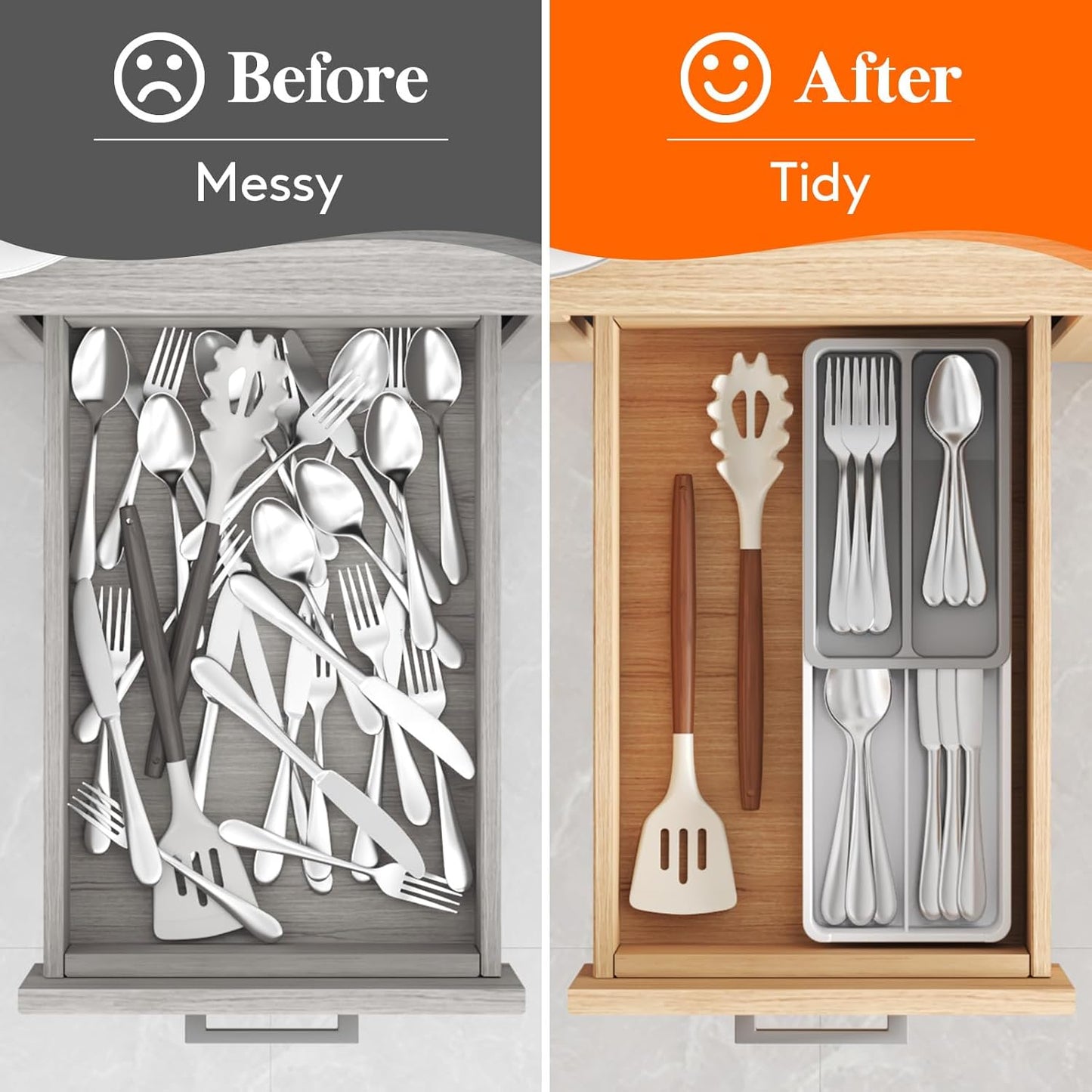 Compact Silverware Organizer for Kitchen Drawer, Narrow Flatware Tray Holder, Plastic Cutlery Spoons, Forks and Knives Storage, White&Gray, 1 Pack
