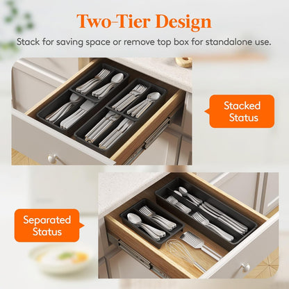 Compact Silverware Organizer for Kitchen Drawer, Narrow Flatware Tray Holder, Plastic Cutlery Spoons, Forks and Knives Storage, White&Gray, 1 Pack