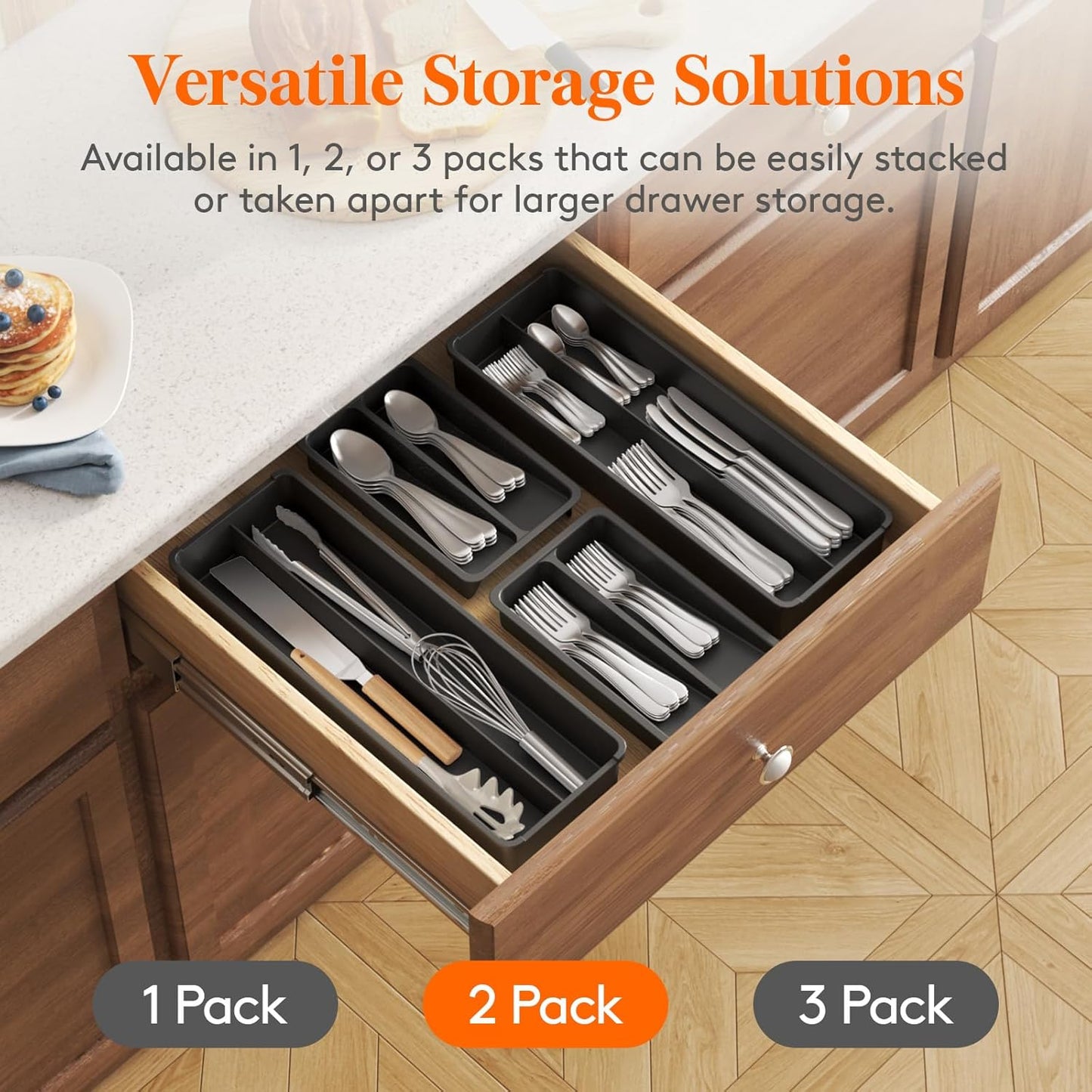 Compact Silverware Organizer for Kitchen Drawer, Narrow Flatware Tray Holder, Plastic Cutlery Spoons, Forks and Knives Storage, White&Gray, 1 Pack
