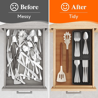 Compact Silverware Organizer for Kitchen Drawer, Narrow Flatware Tray Holder, Plastic Cutlery Spoons, Forks and Knives Storage, White&Gray, 1 Pack