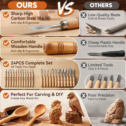24PCS Wood Knife Kit Set Wood Carving Kit,Professional Chisel Set, including Small, Middle, Large size (24PCS)