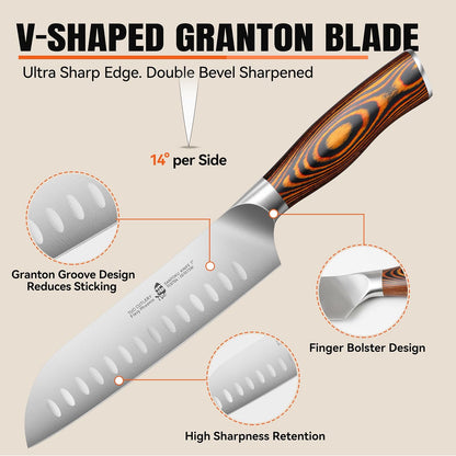 Santoku Knife, 7 inch Japanese Chef Knife for Vegetable Chopping & Meat Dicing, High Carbon German Steel, Ergonomic Handle - Fiery Phoenix Series
