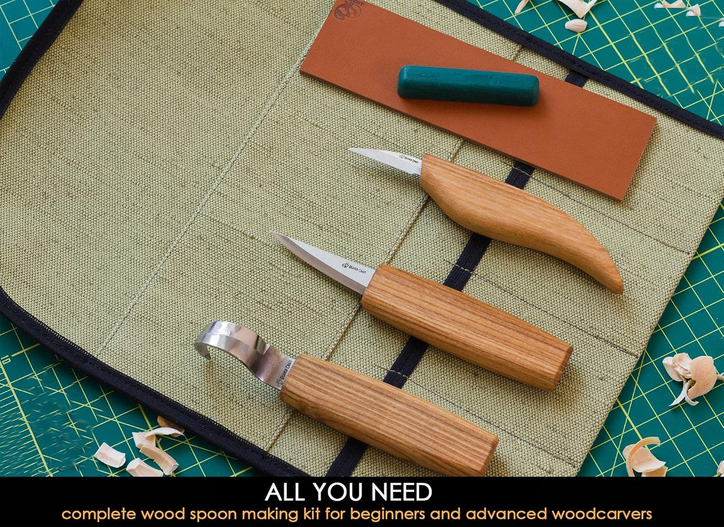 Wood Spoon Carving Tools Kit S17 with Wood Carving Hook Knife & Sloyd, Chip Whittling Knives for Spoon Carvers - Whittling Tools Set with Knife Leather Strop Polishing Compound, Tool Case