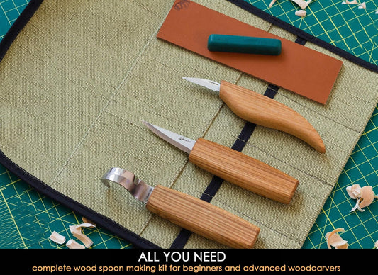 Wood Spoon Carving Tools Kit S17 with Wood Carving Hook Knife & Sloyd, Chip Whittling Knives for Spoon Carvers - Whittling Tools Set with Knife Leather Strop Polishing Compound, Tool Case