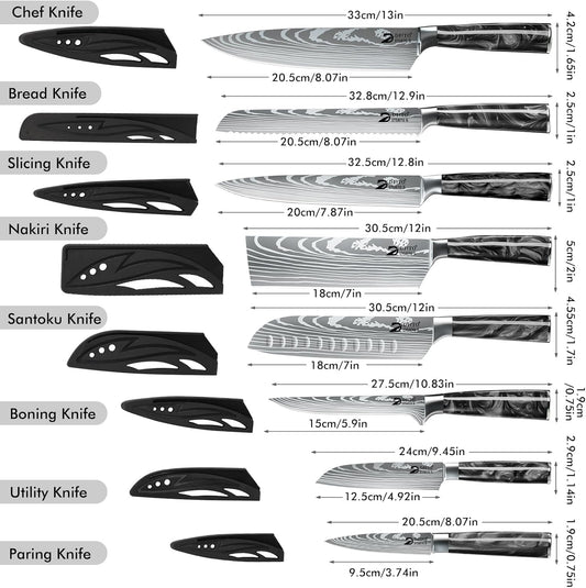 Chef Knife Sets with Roll Bag, 9 Pieces Professional Knife Set | High Carbon Stainless Steel Kitchen Knife Set with Sharpener, Black Resin Handle, Kitchen & Home Cooking, Dishwasher Safe