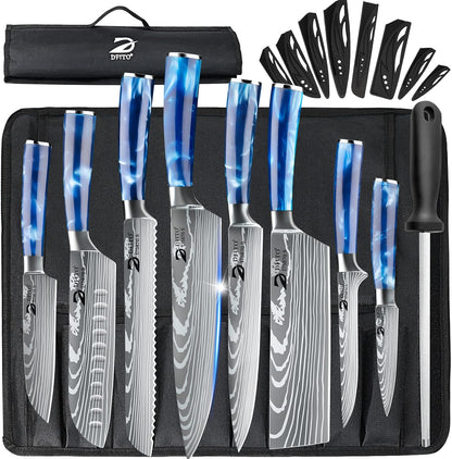 Chef Knife Sets with Roll Bag, 9 Pieces Professional Knife Set | High Carbon Stainless Steel Kitchen Knife Set with Sharpener, Black Resin Handle, Kitchen & Home Cooking, Dishwasher Safe