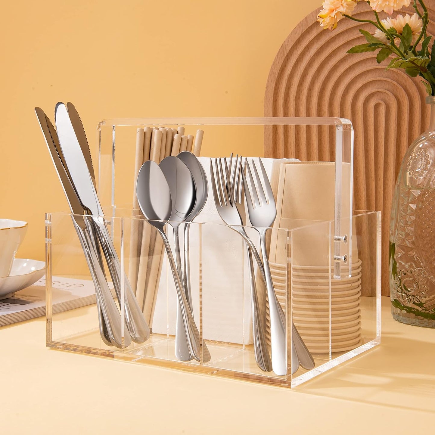 Utensil Holder Organizer Silverware Caddy For Napkins Flatware Cutlery Spoon Fork Knife Plastic Acrylic Portable with Handle