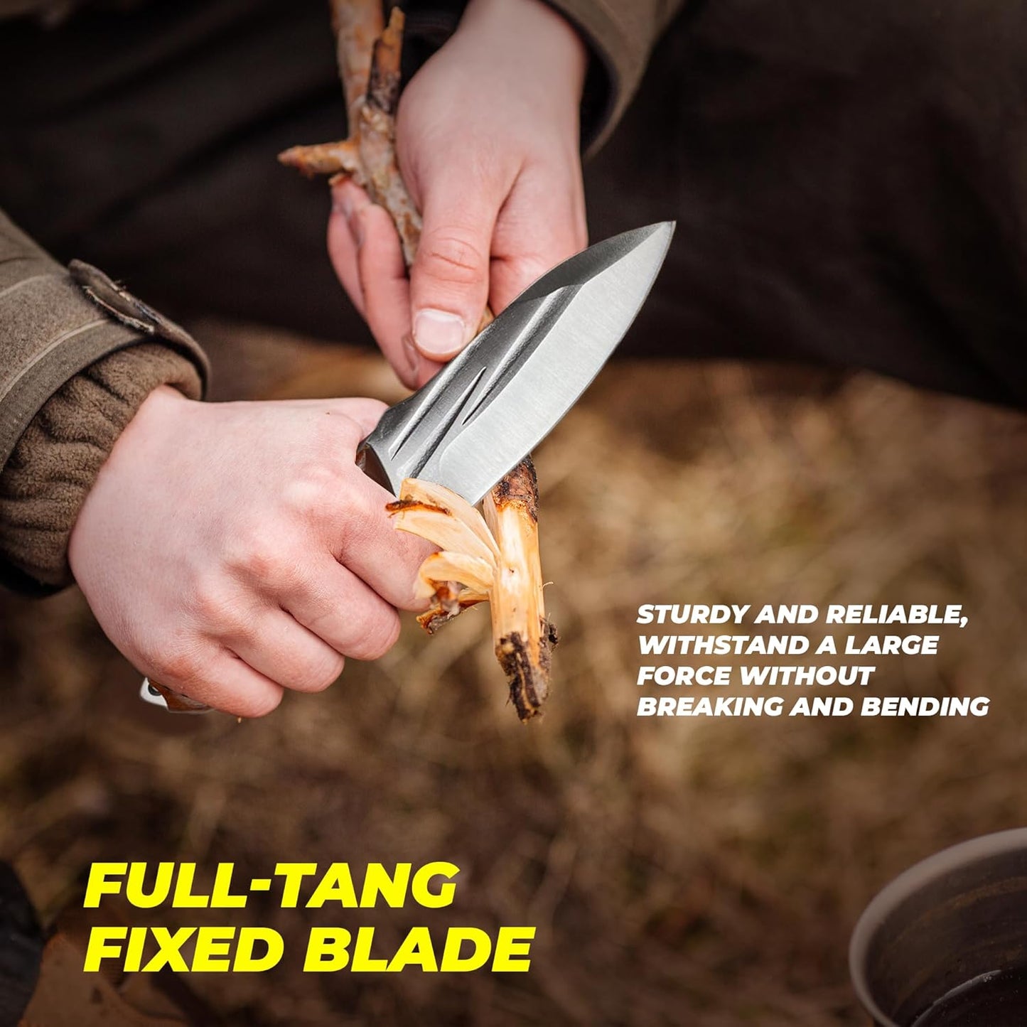 Pocket Fixed Blade Knife with Wood Handle and Leather Sheath for Camping, Outdoor Hunting,Tactical, Survival and EDC