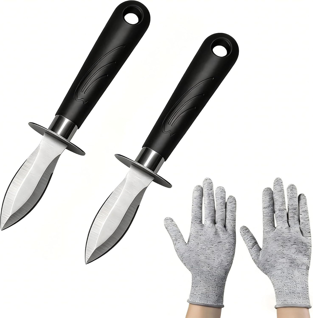 Oyster Shucking Knife Set with Cut Resistant Gloves, Stainless Steel Oyster Knife and Protective Gloves, Professional Oyster Shucker Knife with Guard, Seafood Oyster Opener Knife Tool