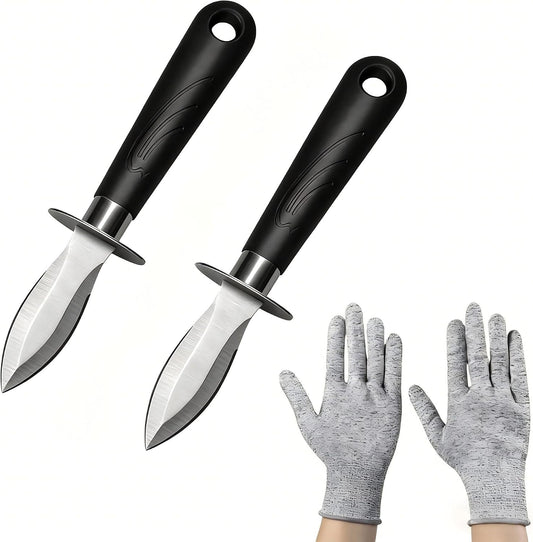 Oyster Shucking Knife Set with Cut Resistant Gloves, Stainless Steel Oyster Knife and Protective Gloves, Professional Oyster Shucker Knife with Guard, Seafood Oyster Opener Knife Tool