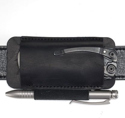 PJ33 Leather Knife Sheath for Belt, Horizontal Carry Pocket Knife Holster with Elastic Pen Holder, Leather Folding Knife Sheath for Men