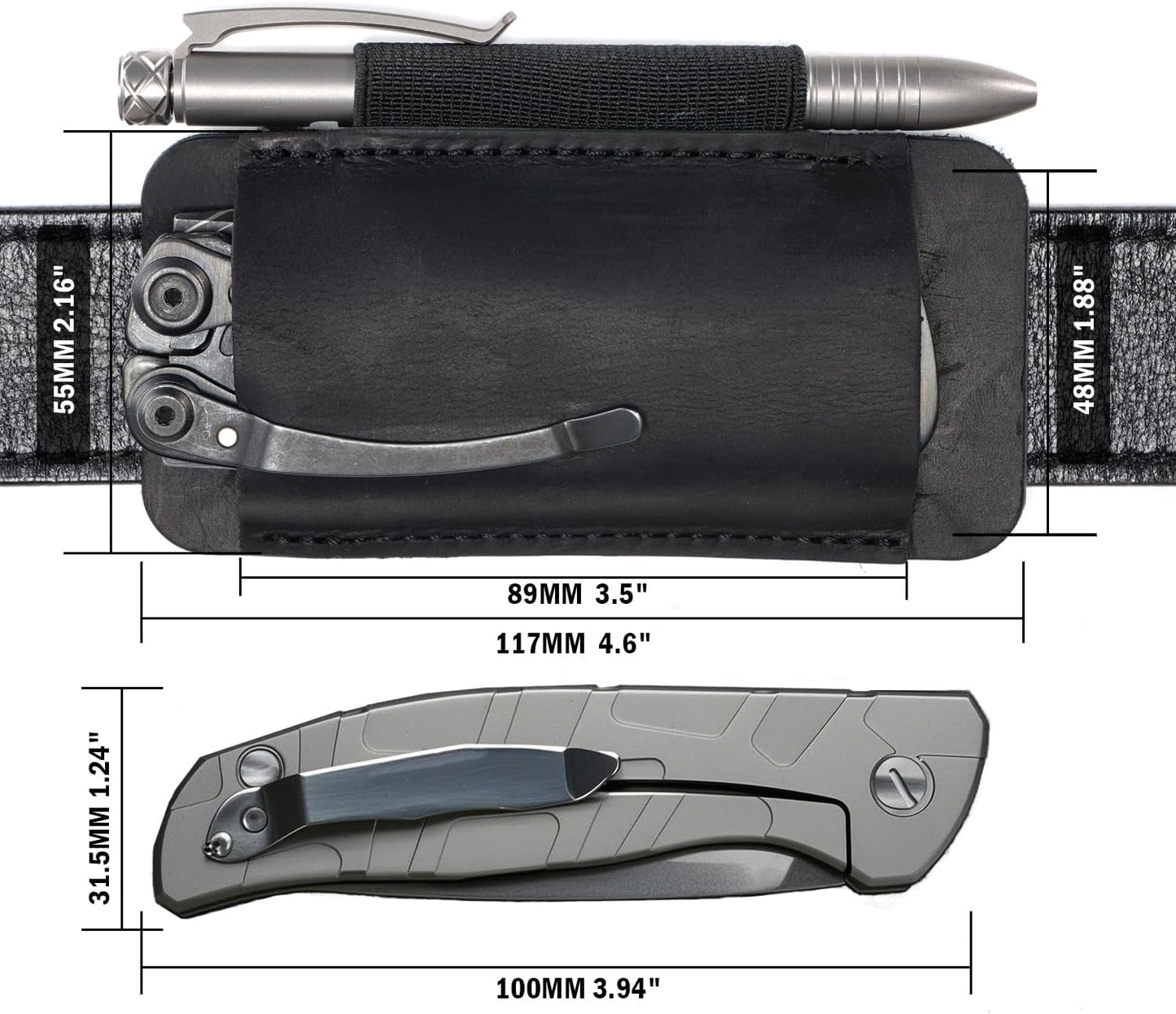 PJ33 Leather Knife Sheath for Belt, Horizontal Carry Pocket Knife Holster with Elastic Pen Holder, Leather Folding Knife Sheath for Men