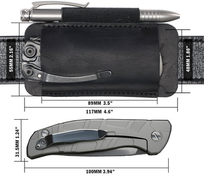 PJ33 Leather Knife Sheath for Belt, Horizontal Carry Pocket Knife Holster with Elastic Pen Holder, Leather Folding Knife Sheath for Men