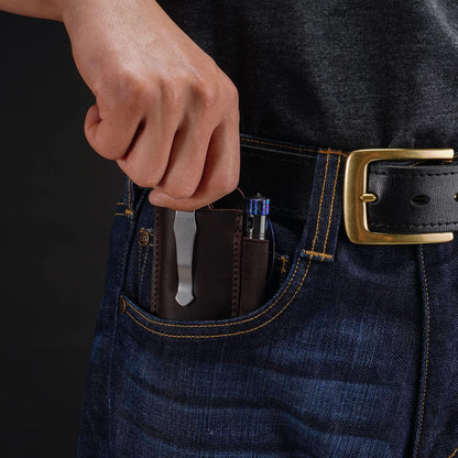 PJ33 Leather Knife Sheath for Belt, Horizontal Carry Pocket Knife Holster with Elastic Pen Holder, Leather Folding Knife Sheath for Men