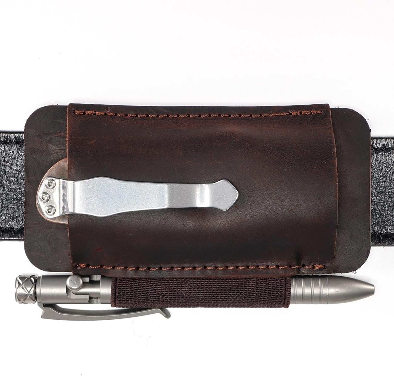PJ33 Leather Knife Sheath for Belt, Horizontal Carry Pocket Knife Holster with Elastic Pen Holder, Leather Folding Knife Sheath for Men