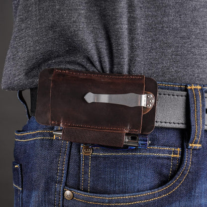 PJ33 Leather Knife Sheath for Belt, Horizontal Carry Pocket Knife Holster with Elastic Pen Holder, Leather Folding Knife Sheath for Men